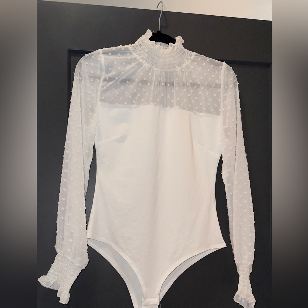 White Long Sleeve Bodysuit with Mesh Top